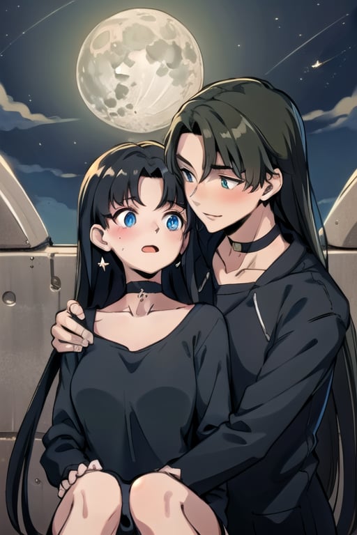 16 year old boy with blue eyes, long black hair with moon shaped earrings embracing a 20 year old girl with Latin features, long black hair, olive green eyes, wearing a black choker around her neck, a white jacket and a black top 