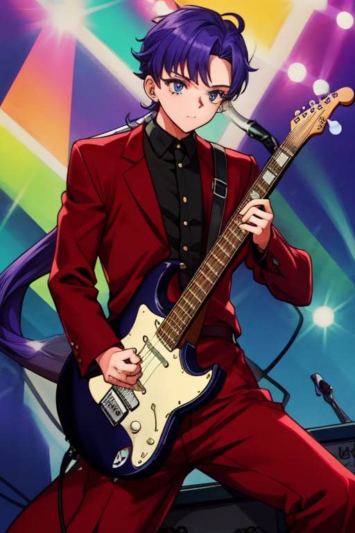 a boy playing an electric guitar in a rocker outfit with very long hair in a low ponytail,SEIYAKOU