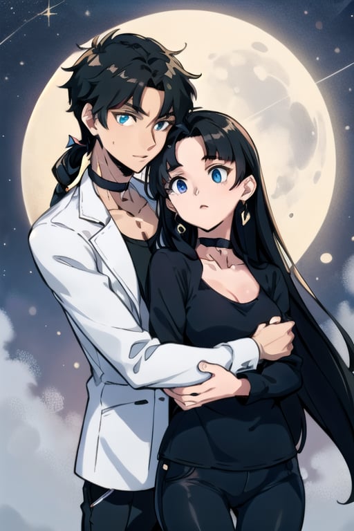 20 year old girl with Latin features, long black hair, olive green eyes, wearing a black choker around her neck, a white jacket and a black top embracing a 16 year old boy with blue eyes, long black hair with moon shaped earrings.