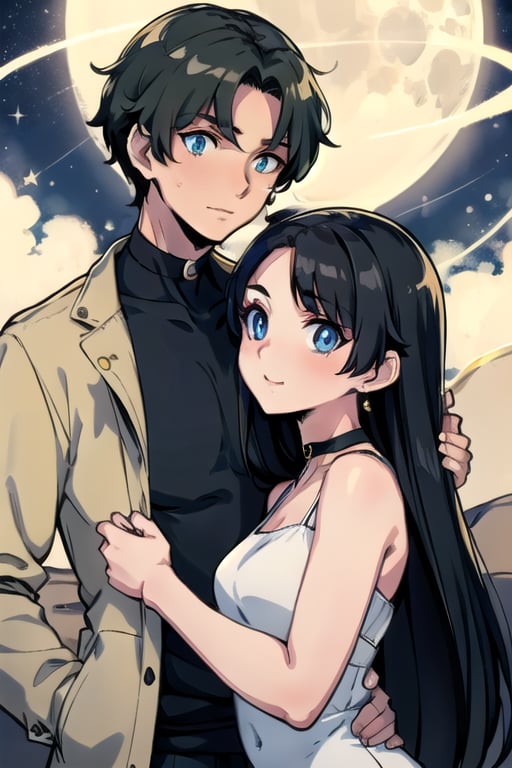 16 year old boy with blue eyes, long black hair, moon shaped earrings embracing a 20 year old girl with Latin features, long black hair, olive green eyes, black choker around her neck, a white jacket and a black top 