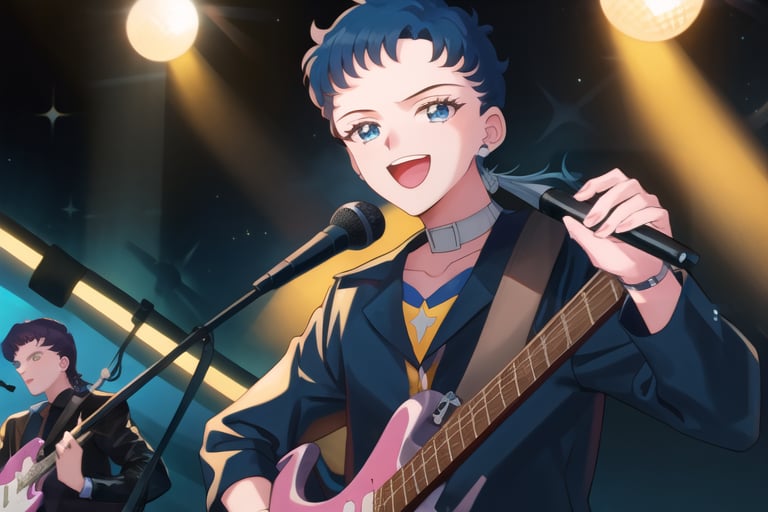 1 boy, 1 girl, SEIYAKOU,very long black hair, low ponytail, deep blue eyes, black leather jacket, playing electric guitar, next to a girl with a very long blue  hair tied in a low ponytail with deep blue eyes singing into a microphone, SailorStarFighter on a stage, navy blue leather dress, smile, perfect_face, perfect_hands, looking_at_viewer