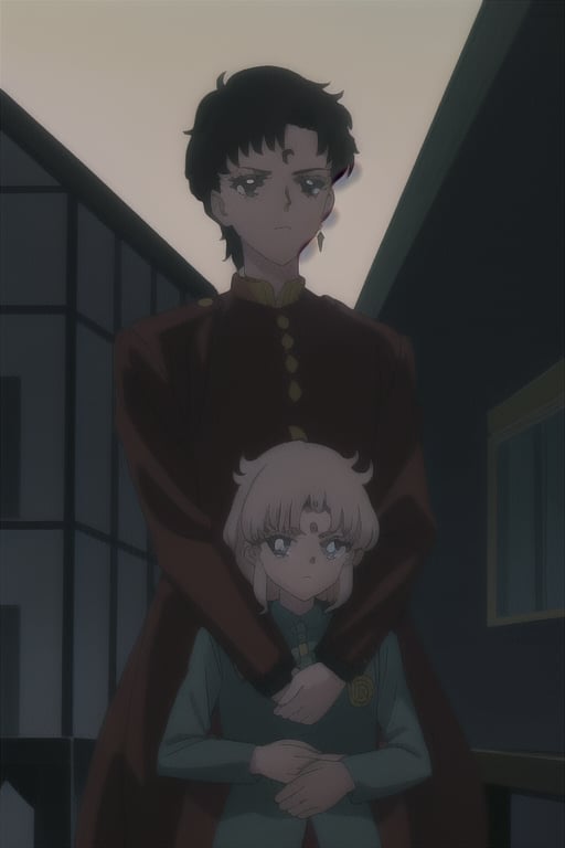 SEIYAKOU,  wearing a princely costume,  carrying in his arms a girl,  The scene takes place at dusk, in a gloomy and mysterious atmosphere, with a sense of tension in the air, anime style, high resolution, dramatic lighting with strong contrasts between light and shadow, general shot composition,SEIYAKOU