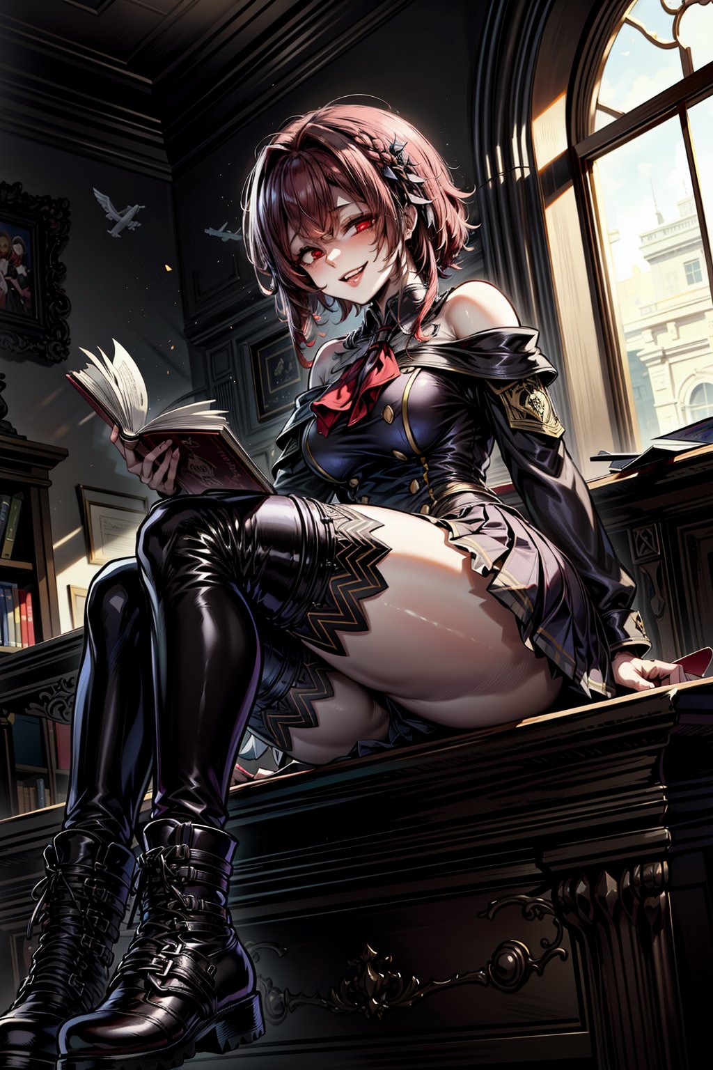 highly detailed, high quality, masterpiece, beautiful, (first plane), a girl, evil smile, holding books, (short shoulder-length hair, red hair, red eyes, detailed black schoolgirl uniform with red details, long white thigh-high socks, black military boots), detailed background, school hall, fit girl