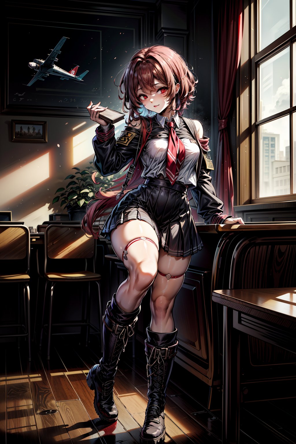 highly detailed, high quality, masterpiece, beautiful, (first plane), a girl, holding books, (short shoulder-length hair, red hair, red eyes, detailed 
black schoolgirl uniform with red details, long white thigh-high socks, black military boots), detailed background, school hall, fit girl