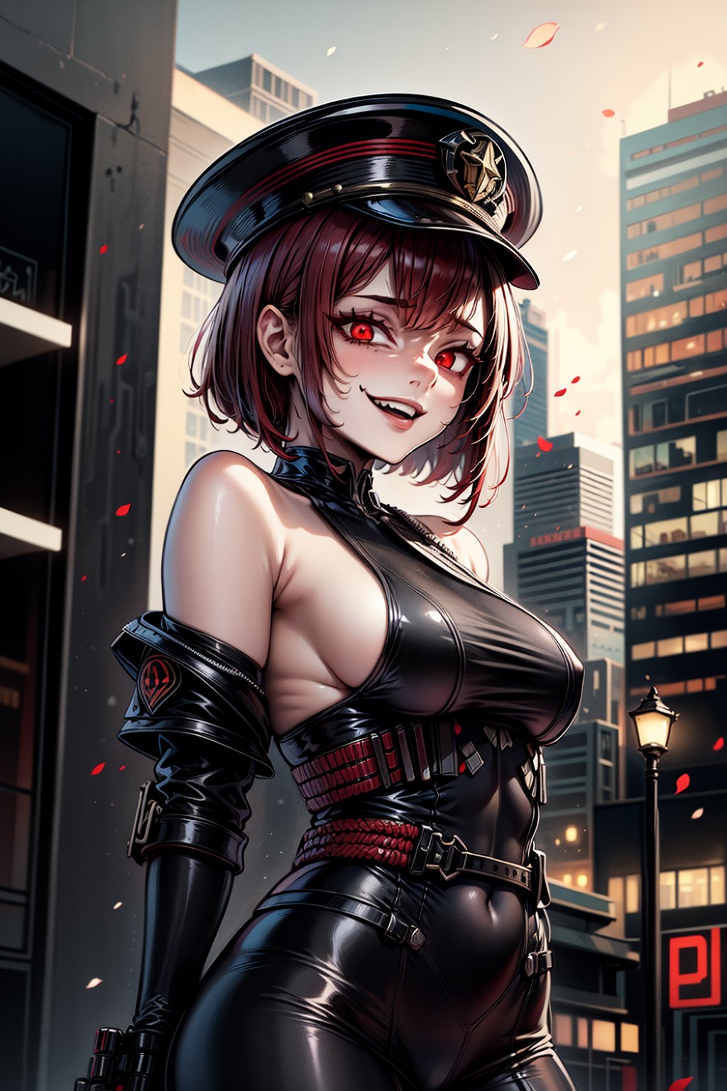 highly detailed, high quality, masterpiece, beautiful, (full shot), a girl, No Fun allowed Meme, (short shoulder-length hair, red hair, red eyes, black military uniform with red details, captain's cap, evil smile gesugao , detailed background, cyberpunk city