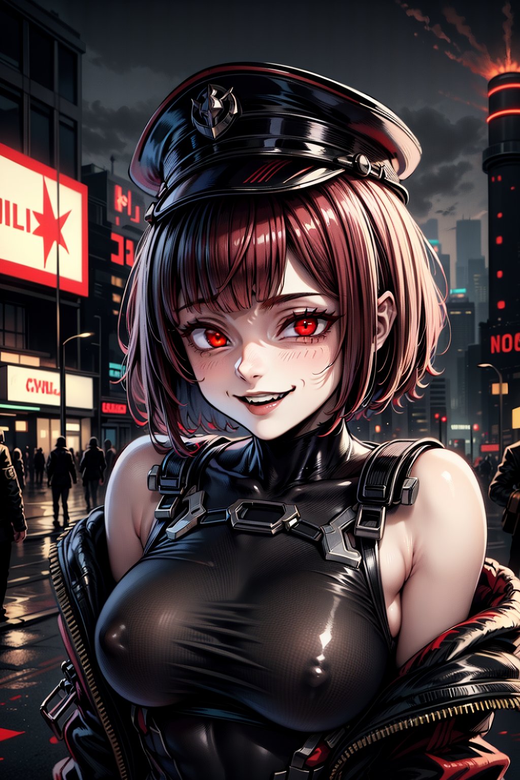 highly detailed, high quality, masterpiece, beautiful, (full shot), a girl, No Fun allowed Meme, (short shoulder-length hair, red hair, red eyes, black military uniform with red details, captain's cap, evil smile gesugao , detailed background, cyberpunk city