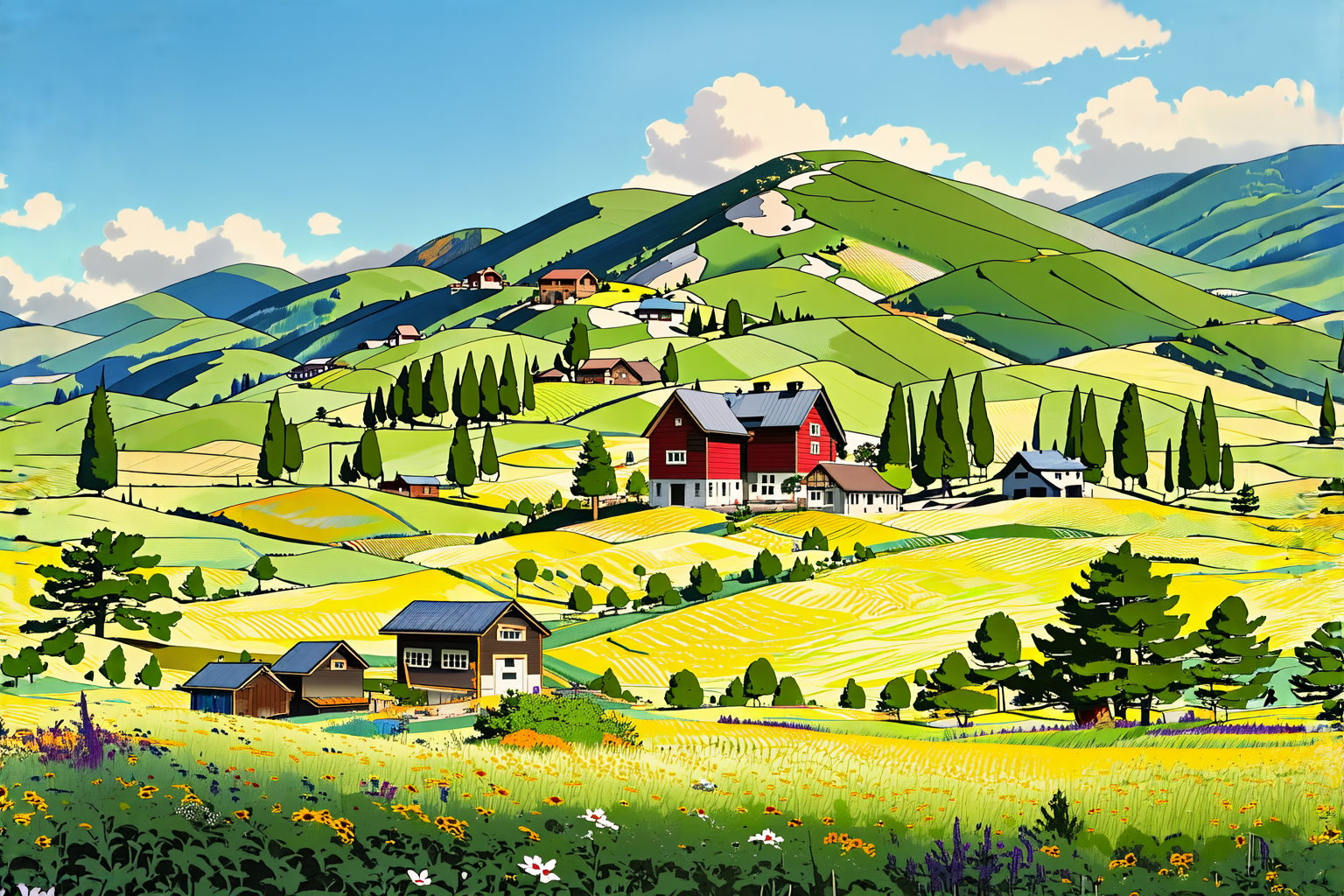 An idyllic countryside vista with undulating hills and quaint farmhouses, in the style of poster art, hyper-detailed, richly colored skies, colorful, Oil painting, cozy animation scenes, illustration