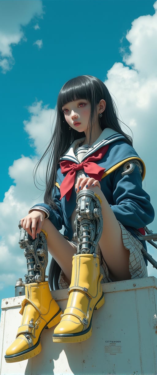 ,(ultra realistic,32k, masterpiece:1.2),(high detailed skin:1.1),( high quality:1.1), (masterpiece, best quality), best quality, masterpiece, photorealistic, ultrarealistic, professional photograph shot on Canon EOS R6, More detail,) ((cyber girl , sitting on a high surface. She wears a Japanese school style jacket with a red bow and a sailor collar. The lower part of her body is robotic, with complex and exposed mechanical legs. She is wearing yellow platform boots with black details. The girl has a thoughtful expression, she looks up at the sky. The background is a bright blue sky with scattered white clouds)) long hair, looking at viewer, bangs, skirt,, black hair, red eyes, jewelry, standing, full body, weapon, pleated skirt, earrings, japanese clothes, sword, blunt bangs, nail polish, thigh strap, leaning forward, blue background, sandals, bent over, pale skin, black nails, red nails, geta, platform footwear, platform heels, with the letters "CTMAKER",jisosmile,ct-identity

