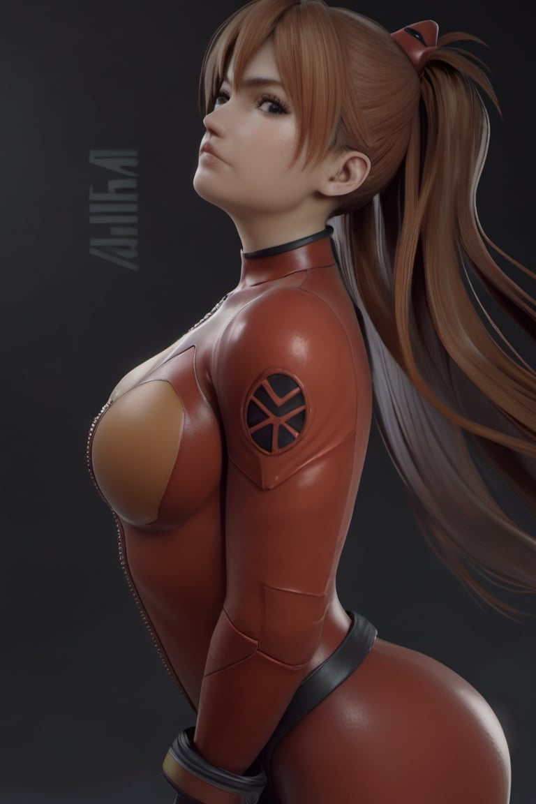 masterpiece, detailed quality, 1girl,  black background, score_9, source_anime, score_8_up, score_7_up, x3dce, 3d, looking at viewer,  souryuu_asuka_langley , red bodysuit, skin tight, from side, head tilt back