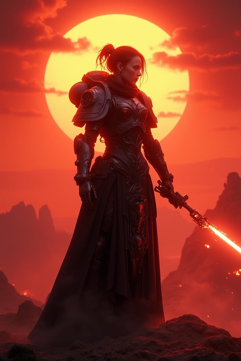 A young female standing under an apocalyptic sun, the sky glowing with intense reds and oranges, in a gothic wolrd. She is dressed as a space marine, wearing servo armor and dark robes, but her body is a futuristic mix of metal and machinery. holding a bolter in her hands Her metallic limbs glint in the harsh light as she stands in the midst of this fiery, end-of-world landscape. backdrop of an apocalyptic sun creates a powerful, surreal contrast."