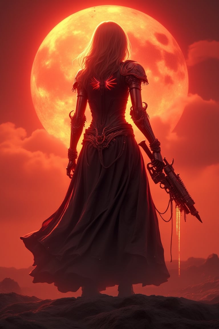 A young female standing under an apocalyptic sun, the sky glowing with intense reds and oranges, in a gothic wolrd. She is dressed as a space marine, wearing servo armor and dark robes, but her body is a futuristic mix of metal and machinery. holding a bolter in her hands Her metallic limbs glint in the harsh light as she stands in the midst of this fiery, end-of-world landscape. backdrop of an apocalyptic sun creates a powerful, surreal contrast."