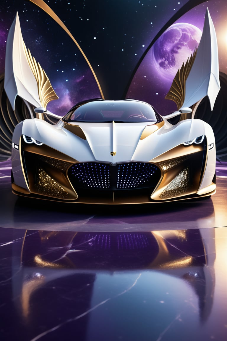 High definition photorealistic render of a purple and white luxury super car, located in interstellar space with millions of stars and galaxies and planets, with rays of light passing through, and a mystical and enigmatic place. In the background, a parametric sculpture emerges adorned with dragon wings, made of metal, marble and iridescent glass, embellished with precious diamonds. Symmetrical curves resembling a dragon's wings adorn a black and white marble background, accented with gold accents and chaotic Swarovski elements, inspired by the style of Zaha Hadid and exhibiting golden iridescence. The design is reminiscent of Tomorrowland 2022's main stage, incorporating ultra-realistic Art Deco elements and a high level of image complexity.