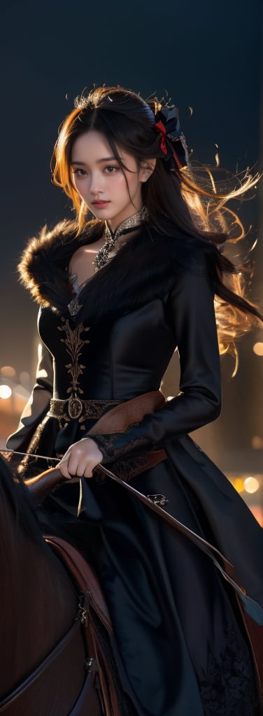 a young woman,looking at the camera, posing,ulzzang, streaming on twitch, character album cover,black moment,style of bokeh, witch dress, ,moody lighting,appropriate comparison of cold and warm, hair over one eye, bow on head, reality,idol,Beauty,beauty,Holding a crossbow, riding a horse