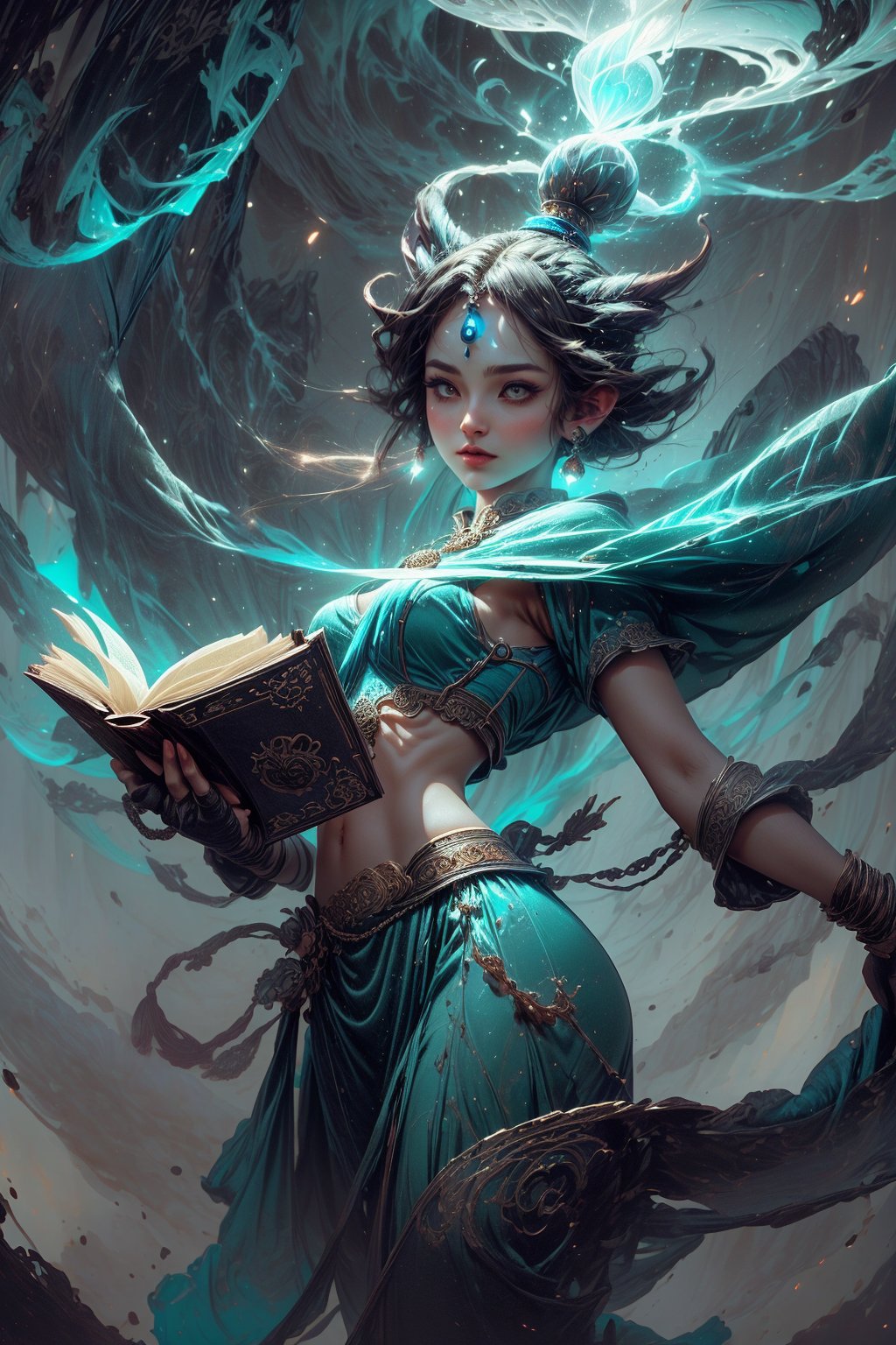 Create an image that captures a spellbinding moment as a genie emerges dramatically from the pages of an open book. Infuse the scene with an aura of magic, using soft and cinematic lighting to cast an otherworldly glow. Depict wisps of mystical energy rising from the book