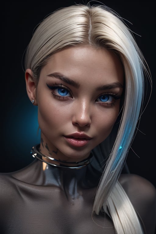 a beautiful female model, a beautiful young woman, with flawless white silk skin and cascading cashmere hair stands out against a dark,opaque black background. Her piercing icy blue eyes capture the viewer's attention, while her ethereal beauty is further accentuated by the masterful fusion of photography, 3D render, and painting techniques. The character's otherworldly charm is heightened by the contrast between her lightness and the surrounding darkness, creating a truly captivating visual experience.