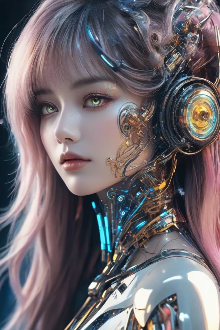 Closeup of a lady with delicate makeup on her face, intricate cyberpunk makeup, robot fashion model, amazing digital art, incredible digital art, stunning digital art, robot fashion photo, beautiful digital artwork, futuristic look, gorgeous digital art, intricate artwork. Neon eyes, stunning digital illustrations, sci-fi look, beautiful robots, intricate