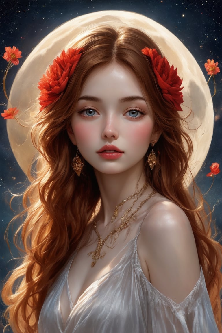 (1girl, face focus, medium shot, gracefully, golden petals and red flowers form intricate patterns against the backdrop of the moon, reminiscent of the styles of Yoann Lossel, Cyril Rolando, Nan Goldin, Lee Bontecou, and Loish), Detailed texture, High quality, High resolution, High precision, Realism, Color correction, Proper lighting settings, Harmonious composition, Behance Works,detail-rendering,Watercolor,Realistic Enhance,redhead