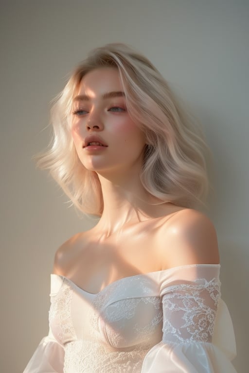 A majestic 18-year-old beauty stands tall against a wall adorned with lush white flowers, bathed in warm radiance. Platinum blonde hair cascades down her porcelain complexion, as she wears an off-shoulder form fited gown in soft pink, featuring delicate lace that refract the light. Facing forward. Softly lit, the atmosphere amplifies her regal presence, redefining modern nobility.