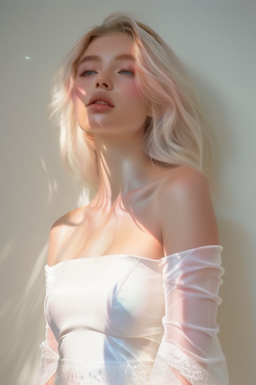 A majestic 18-year-old beauty stands tall against a wall adorned with lush white flowers, bathed in warm radiance. Platinum blonde hair cascades down her porcelain complexion, as she wears an off-shoulder form fited gown in soft pink, featuring delicate lace that refract the light. Facing forward. Softly lit, the atmosphere amplifies her regal presence, redefining modern nobility.