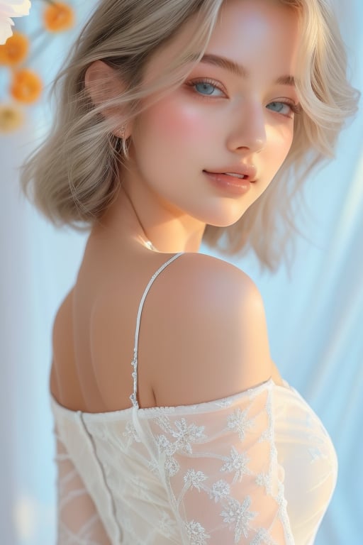 A serene 18-year-old beauty stands amidst a white floral backdrop, her long, platinum blonde hair cascading down her back like a river of sunset hues. She gazes directly at the viewer, her bright blue eyes sparkling like diamonds against her porcelain complexion. The soft sunlight dancing across her face and shoulders creates a warm glow, while the off shoulder delicate airy white lace dress with gemstones adorns her slender figure, radiating elegance. facing foward.