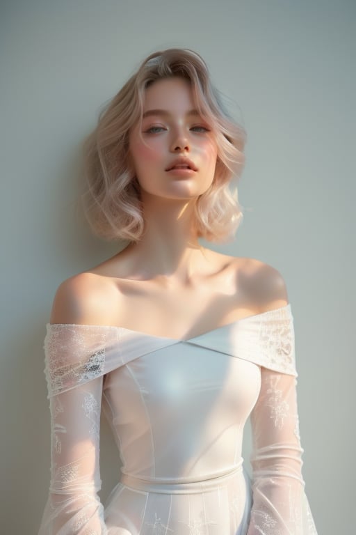 A majestic 18-year-old beauty stands tall against a wall adorned with lush white flowers, bathed in warm radiance. Platinum blonde hair cascades down her porcelain complexion, as she wears an off-shoulder form fited gown in soft pink, featuring delicate lace that refract the light. Facing forward. Softly lit, the atmosphere amplifies her regal presence, redefining modern nobility.