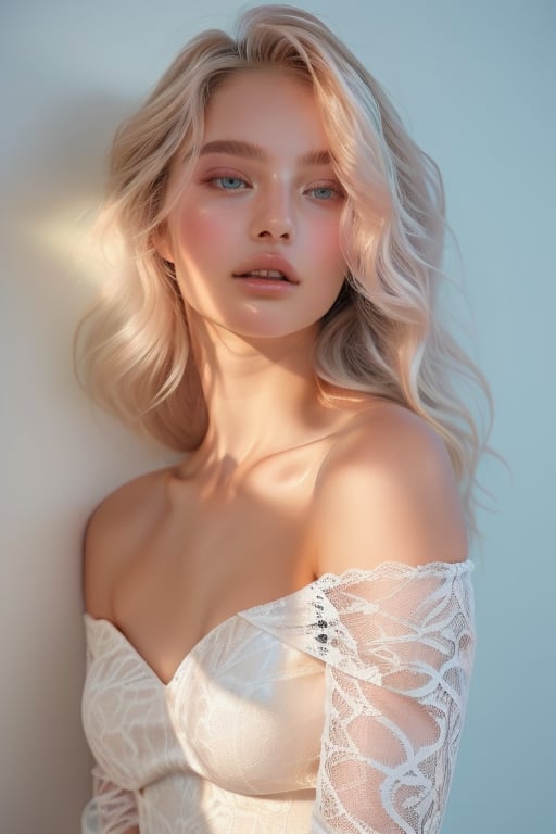 A 18-year-old beauty stands tall against a wall , bathed in warm radiance. Platinum blonde long hair cascades down her porcelain complexion, as she wears an off-shoulder  form fitted lace couture in soft pink, featuring delicate lace that refract the light. Facing forward, her gaze meets the camera's, casting a mesmerizing glow. Softly lit, the atmosphere amplifies her regal presence, redefining modern nobility.