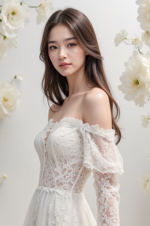 A 18 years old beauty stands statuesque against a white backdrop of blooming transparent and over-size white flowers, She wears an off-shoulder soft lace couture gown in soft white and diamonds in a contemporary style, with delicate patterns refracting the light and casting a subtle sparkle. Her eyes lock onto the camera's lens, exuding a mesmerizing aura as petals and vines frame her regal presence, redefining modern nobility in a striking tableau of elegance and refinement.