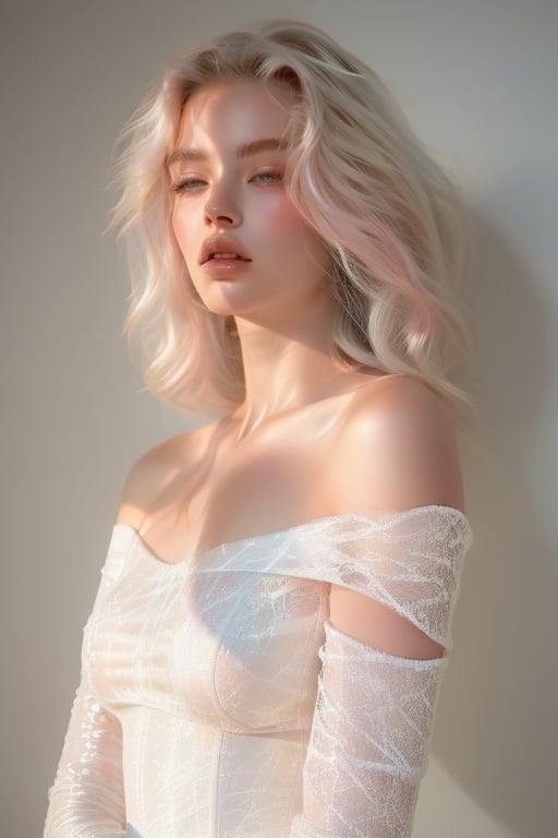 A majestic 18-year-old beauty stands tall against a wall adorned with lush white flowers, bathed in warm radiance. Platinum blonde hair cascades down her porcelain complexion, as she wears an off-shoulder couture gown in soft pink, featuring delicate lace that refract the light. Facing forward, her gaze meets the camera's, casting a mesmerizing glow. Softly lit, the atmosphere amplifies her regal presence, redefining modern nobility.