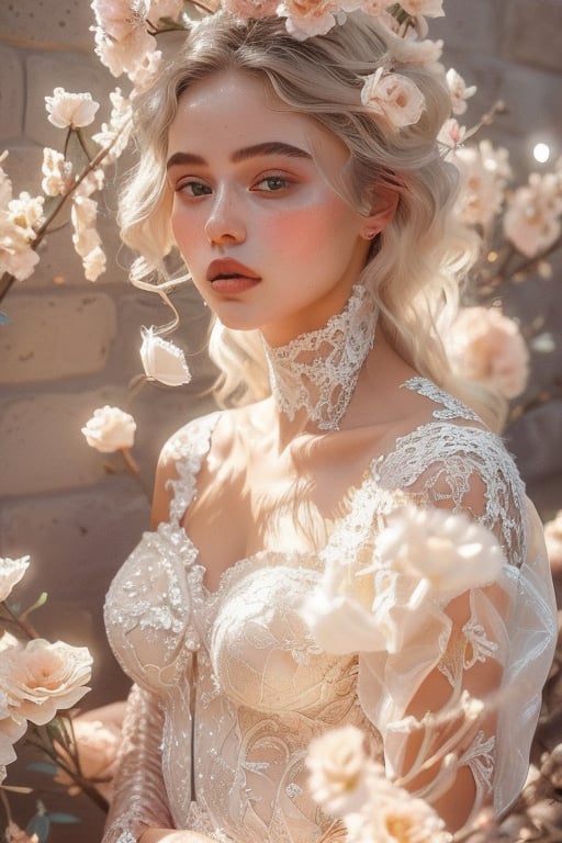 A 18-year-old beauty stands tall against a wall covered by blooming flowers , bathed in warm radiance. Platinum blonde long hair cascades down her porcelain complexion, as she wears an off-shoulder form fitted lace couture in soft pink, featuring airy delicate lace that refract the light. Facing forward, her gaze meets the camera's, casting a mesmerizing glow. Softly lit, the atmosphere amplifies her regal presence, redefining modern nobility.