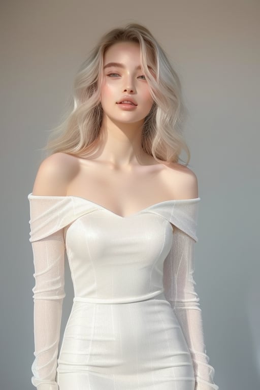 A serene 20-year-old beauty stands agaist a white backdrop, her platinum blonde hair cascading down sparkling like diamonds against her porcelain complexion. The soft sunlight dancing across her face and shoulders creates a warm glow, while the off shoulder delicate airy white lace dress weave with shiny gemstones adorns her slender figure, radiating elegance. body facing foward at the camera.