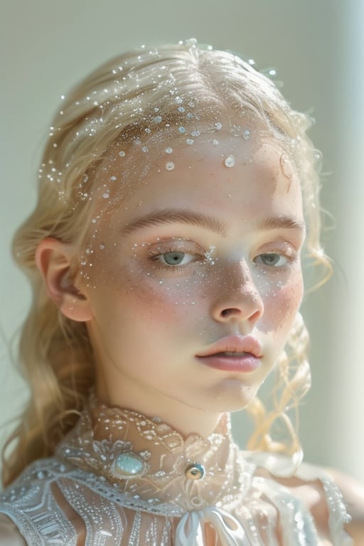 A serene summer snapshot captures a woman's tranquil moment, her long wavy blonde hair with sulty eyes looking in the camera, porcelain skin with little freckle, diffused lighting minimizes glare, allowing the subject to blend seamlessly with the clear background, inviting the viewer to step into the idyllic scene.