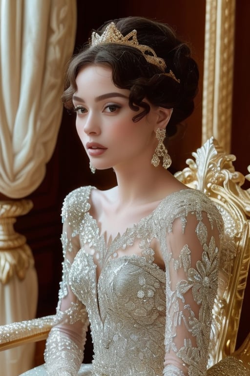 Create an image of a 22 years old beautiful woman, short wavy blond hair,showing an elaborate hairstyle and intricate details, and decorated with luxurious jewelry, possibly with precious stones. The characters should be dressed in exquisite laced costumes to reflect modern royalty or nobility, off shoulder, and the environment should have a warm, bright atmosphere to enhance the magnificence of the scene.
A regal beauty stands poised before a golden backdrop, her piercing gaze meeting the viewer's direct stare. dress adorned with delicate filigree and sparkling gemstones that refract warm light. Her porcelain complexion glows softly in the radiant atmosphere, as she wears an opulent gown of silk and velvet, embroidered with intricate patterns that shimmer like moonlight. a majestic throne or ornate balcony provides a regal backdrop for this vision of elegance.