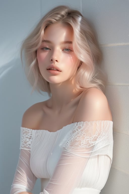 A 18-year-old beauty stands tall against a wall adorned with lush white flowers, bathed in warm radiance. Platinum blonde hair cascades down her porcelain complexion, as she wears an off-shoulder  form fitted lace couture in soft pink, featuring delicate lace that refract the light. Facing forward, her gaze meets the camera's, casting a mesmerizing glow. Softly lit, the atmosphere amplifies her regal presence, redefining modern nobility.