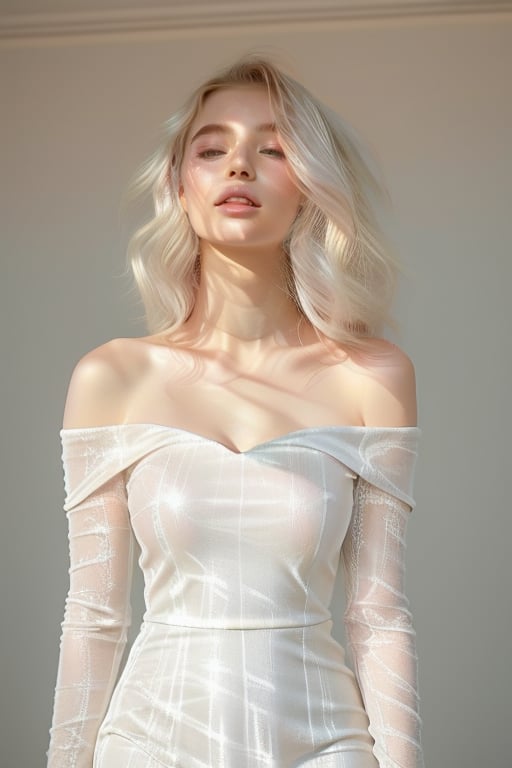 A serene 20-year-old beauty stands agaist a white backdrop, her platinum blonde hair cascading down sparkling like diamonds against her porcelain complexion. The soft sunlight dancing across her face and shoulders creates a warm glow, while the off shoulder delicate airy white lace dress weave with shiny gemstones adorns her slender figure, radiating elegance. body facing foward at the camera.