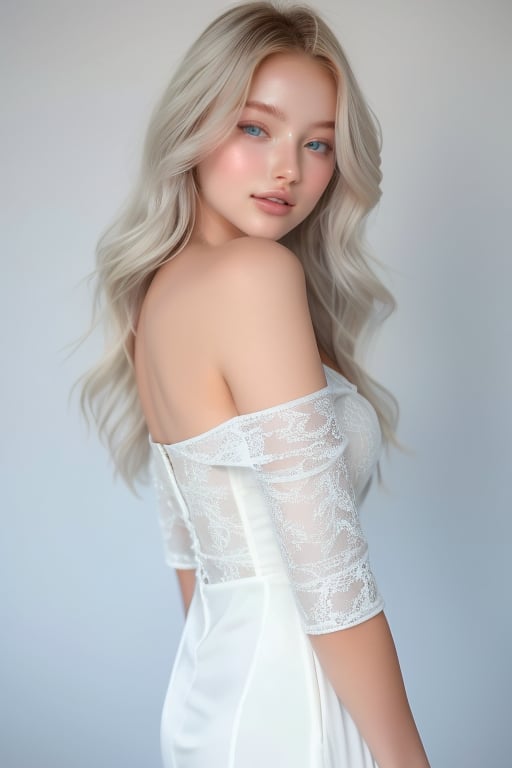 A serene 18-year-old beauty stands amidst a white backdrop, her long, platinum blonde hair cascading down her back like a river of sunset hues. She gazes directly at the viewer, her bright blue eyes sparkling like diamonds against her porcelain complexion. The soft sunlight dancing across her face and shoulders creates a warm glow, while the off shoulder delicate airy white lace dress with gemstones adorns her slender figure, radiating elegance. body facing foward.