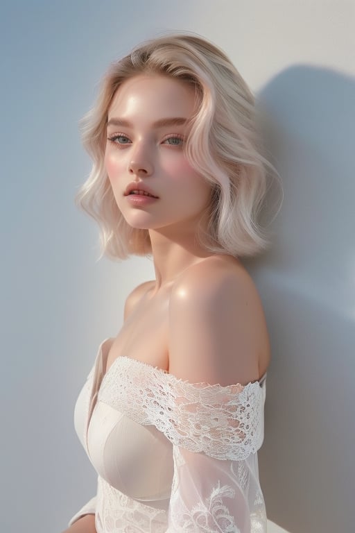 A 18-year-old beauty stands tall against a wall adorned with lush white flowers, bathed in warm radiance. Platinum blonde hair cascades down her porcelain complexion, as she wears an off-shoulder  form fitted lace couture in soft pink, featuring delicate lace that refract the light. Facing forward, her gaze meets the camera's, casting a mesmerizing glow. Softly lit, the atmosphere amplifies her regal presence, redefining modern nobility.