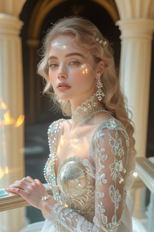 A stunning 20-year-old beauty, adorned with luxurious jewelry featuring precious stones, standing full body pose majestically on a ornate balcony, surrounded by warmth and radiance. Her long wavy platinum blonde hair frames her healthy porcelain complexion, as she wears an off-shouldered exquisite airy and flowy couture in light pink color and made of delicate lace and sparkling clear gemstones that refract the warm light. facing front and look into camera, casting a mesmerizing glow. Softly lit, the atmosphere amplifies the magnificence of this regal vision, where modern royalty or nobility is redefined.