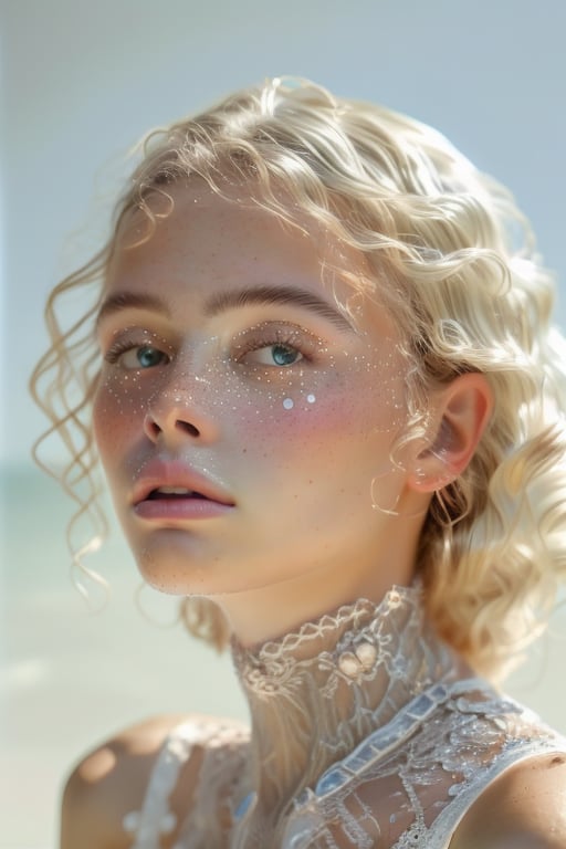 A serene summer snapshot captures a woman's tranquil moment, her long wavy blonde hair with sulty eyes looking in the camera, porcelain skin with little freckle, diffused lighting minimizes glare, allowing the subject to blend seamlessly with the clear background, inviting the viewer to step into the idyllic scene.