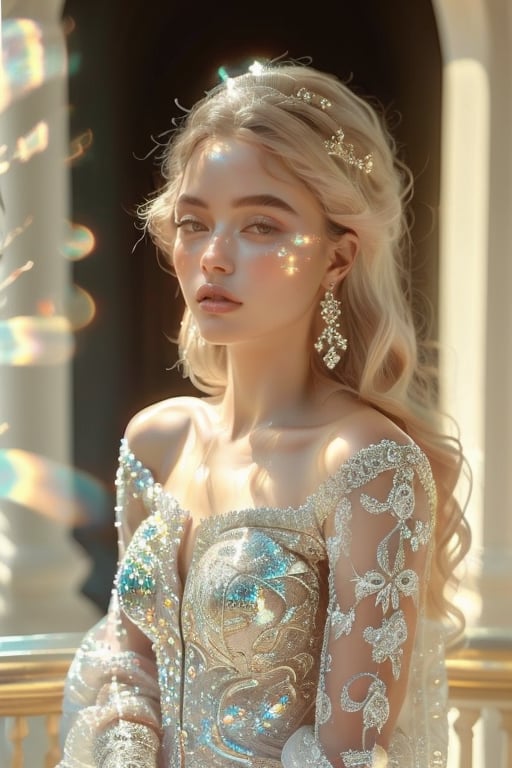 A stunning 20-year-old beauty, adorned with luxurious jewelry featuring precious stones, standing full body pose majestically on a ornate balcony, surrounded by warmth and radiance. Her long wavy platinum blonde hair frames her healthy porcelain complexion, as she wears an off-shoulder exquisite airy and flowy couture in light pink color and made of delicate lace and sparkling clear gemstones that refract the warm light. facing front and look into camera, casting a mesmerizing glow. Softly lit, the atmosphere amplifies the magnificence of this regal vision, where modern royalty or nobility is redefined.