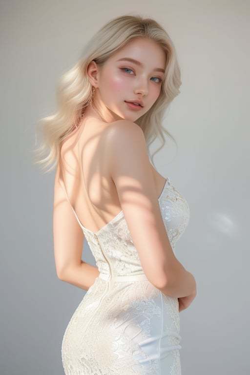 A serene 18-year-old beauty stands amidst a white floral backdrop, her long, platinum blonde hair cascading down her back like a river of sunset hues. She gazes directly at the viewer, her bright blue eyes sparkling like diamonds against her porcelain complexion. The soft sunlight dancing across her face and shoulders creates a warm glow, while the airy white lace dress with gemstones adorns her slender figure, radiating elegance. Her delicate features seem to come alive as she tilts her head ever so slightly, inviting the viewer into her tranquil world.