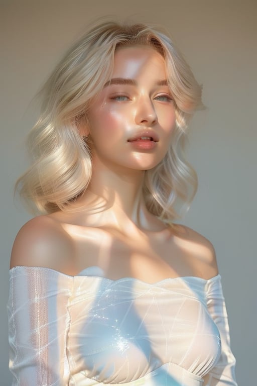 A serene 20-year-old beauty stands agaist a white backdrop, her platinum blonde hair cascading down sparkling like diamonds against her porcelain complexion. The soft sunlight dancing across her face and shoulders creates a warm glow, while the off shoulder delicate airy white lace dress weave with shiny gemstones adorns her slender figure, radiating elegance. body facing foward at the camera.