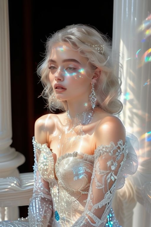 A stunning 20-year-old beauty, adorned with luxurious jewelry featuring precious stones, sits majestically on a ornate balcony, surrounded by warmth and radiance. Her short, wavy platinum blonde hair frames her healthy porcelain complexion, as she wears an exquisite off-shoulder airy gown made of delicate lace and sparkling gemstones that refract the warm light. The intricate patterns embroidered on the dress shimmer like moonlight, casting a mesmerizing glow. Softly lit, the atmosphere amplifies the magnificence of this regal vision, where modern royalty or nobility is redefined.