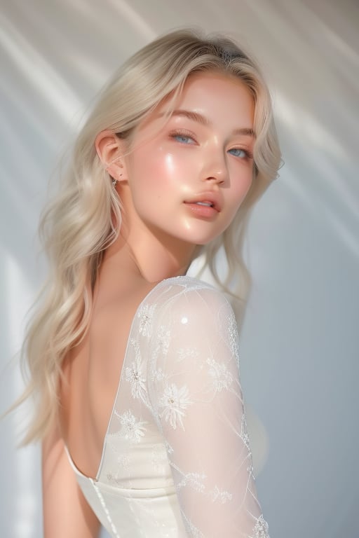 A serene 18-year-old beauty stands amidst a white floral backdrop, her long, platinum blonde hair cascading down her back like a river of sunset hues. She gazes directly at the viewer, her bright blue eyes sparkling like diamonds against her porcelain complexion. The soft sunlight dancing across her face and shoulders creates a warm glow, while the airy white lace dress with gemstones adorns her slender figure, radiating elegance. Her delicate features seem to come alive as she tilts her head ever so slightly, inviting the viewer into her tranquil world.