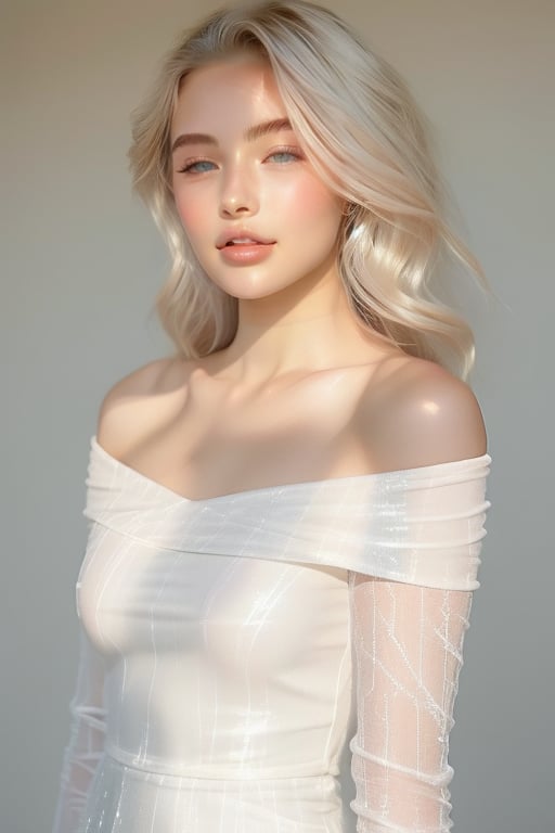 A serene 20-year-old beauty stands agaist a white backdrop, her platinum blonde hair cascading down sparkling like diamonds against her porcelain complexion. The soft sunlight dancing across her face and shoulders creates a warm glow, while the off shoulder delicate airy white lace dress weave with shiny gemstones adorns her slender figure, radiating elegance. body facing foward at the camera.