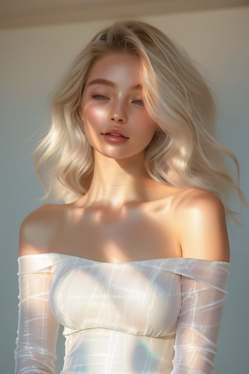 A serene 20-year-old beauty stands agaist a white backdrop, her platinum blonde hair cascading down sparkling like diamonds against her porcelain complexion. The soft sunlight dancing across her face and shoulders creates a warm glow, while the off shoulder delicate airy white lace dress weave with shiny gemstones adorns her slender figure, radiating elegance. body facing foward at the camera.