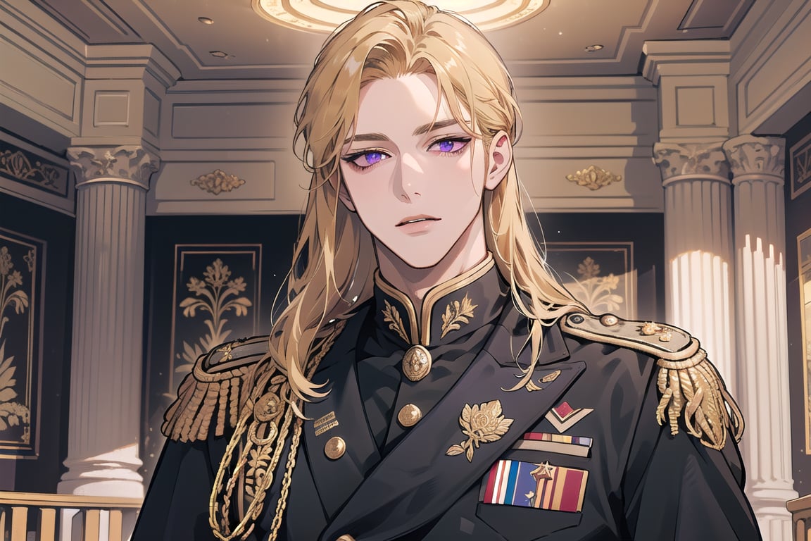 1 man, ((Goldenrod hair)), ((long straight hair)), (purple eyes), ((Medium score)), To reveal the forehead, handsome, angular jaw, thick neck, close mouth, royal, prince, upper body, male focus, (((military uniform:1.3))), long sleeve, by Raphael, masterpiece, upper body shot, magnificent indoor hall