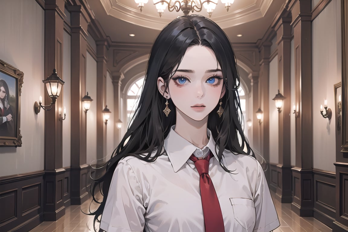 ((Black hair)), center parthair, straight long hair, blue eyes, evil amile, wearing a ((school uniform)), red tie, short sleeve, by Raphael, masterpiece, upper body shot, magnificent indoor hall, Herioce,1girl