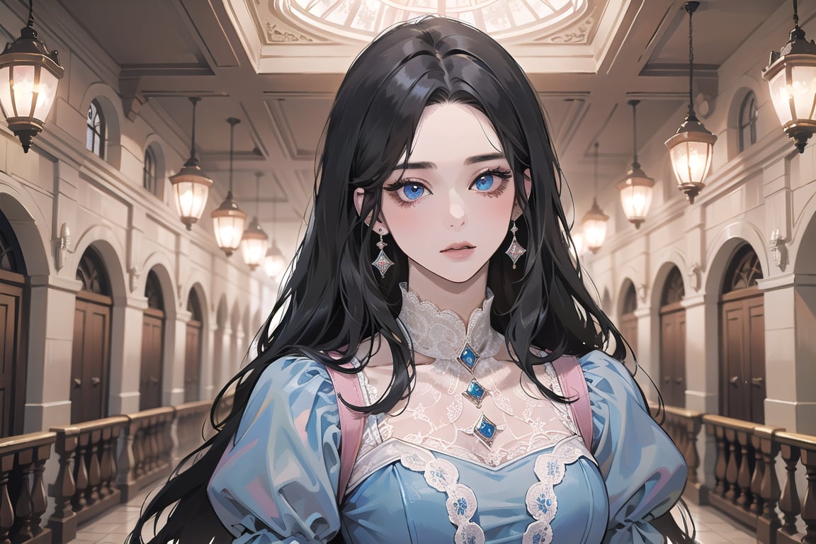 ((Black hair)), center parthair, straight long hair, blue eyes, Charm, wearing a ((Pink Dress:1.2)), lace, by Raphael, masterpiece, upper body shot, magnificent indoor hall, Herioce,1 girl