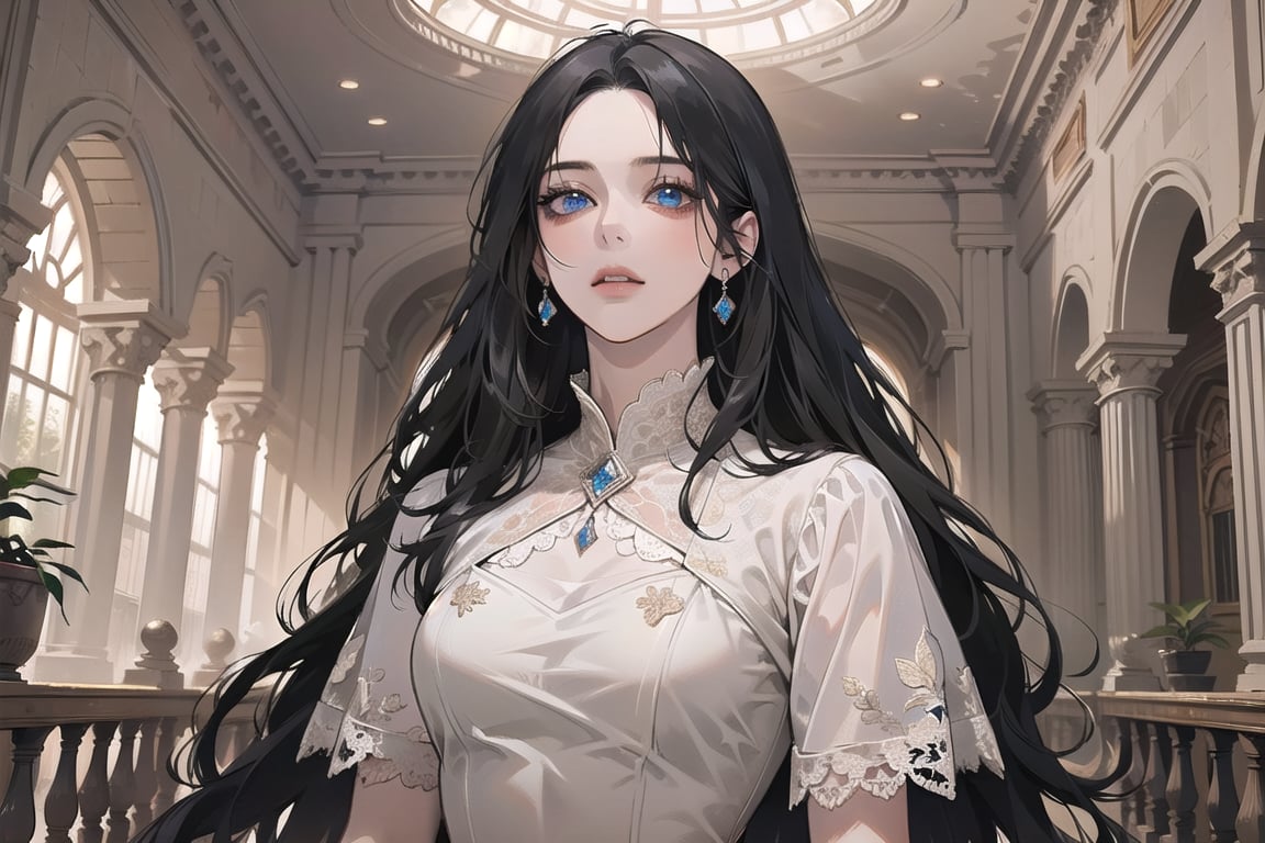 ((Black hair)), center parthair, straight long hair, blue eyes, Charm, wearing a ((Red:1.4)) ((Romanticism dress:1.2)), by Raphael, masterpiece, upper body shot, magnificent indoor hall, Herioce,1 girl