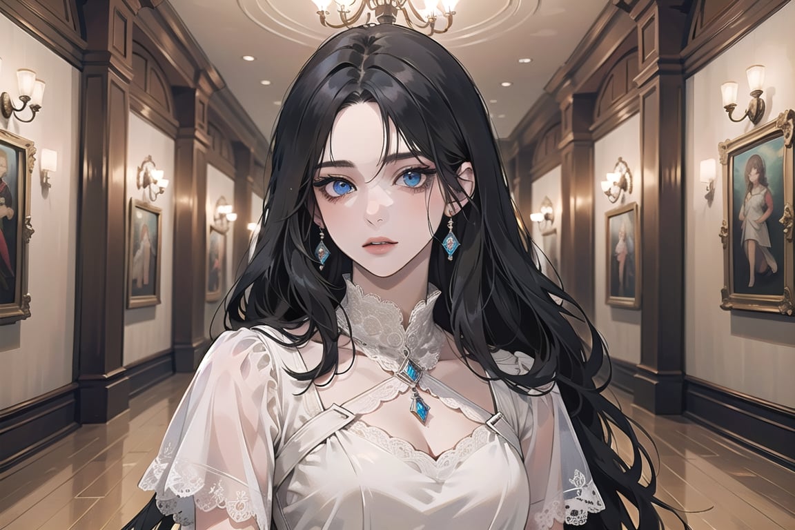 ((Black hair)), center parthair, straight long hair, blue eyes, Charm, wearing a ((Dress:1.2)), lace, by Raphael, masterpiece, upper body shot, magnificent indoor hall, Herioce,1 girl